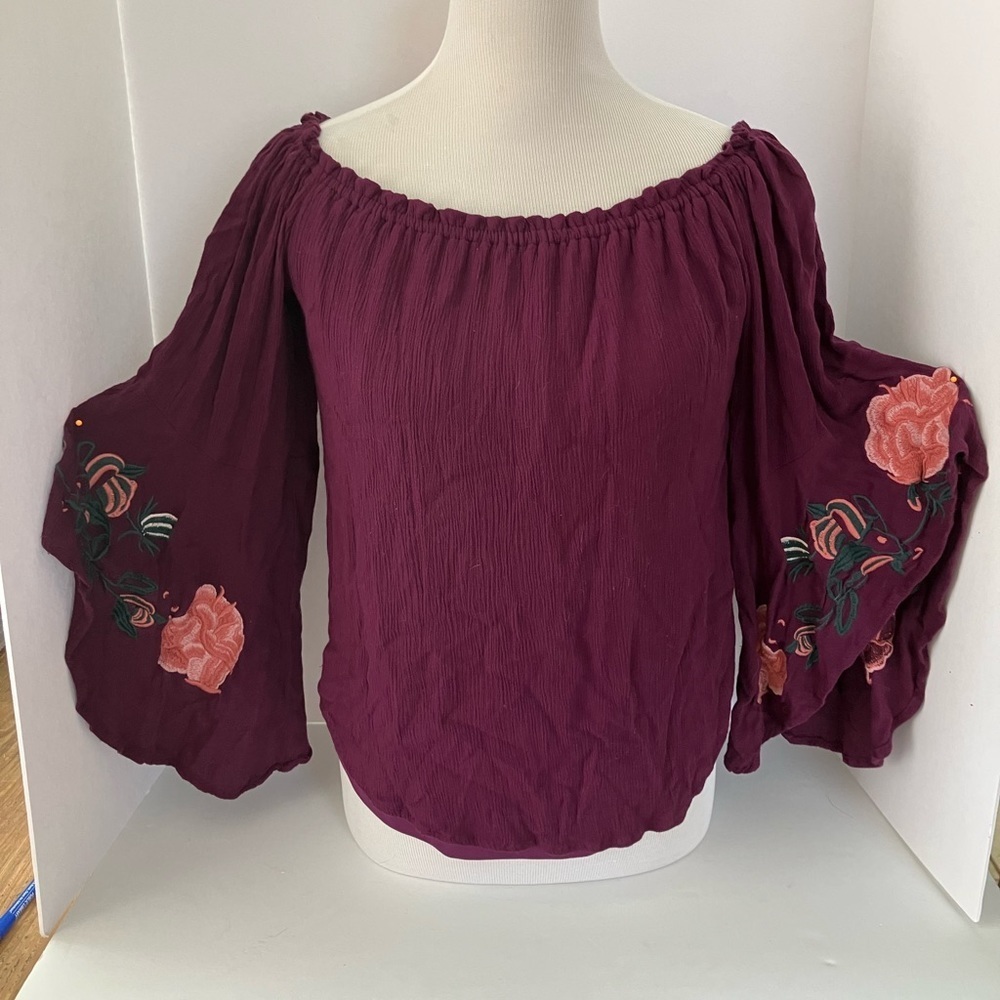 Women’s Peasant/Boho/Cottagecore Top, M, Floral, Maroon, Casual, by Blue Rain